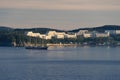 Seascape with the Pallada sailing ship off the coast of Russian island