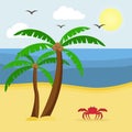 Seascape with palm trees and crab. Vacation at sea.