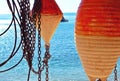 Seascape, paradise blue beach and natural summer landscape, fishermans equipment view from Tellaro in Liguria, Italy