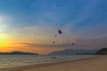 Seascape with parasailing. Sunset on the beach of Langkawi Island, Malaysia Royalty Free Stock Photo