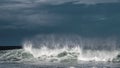 Seascape. Powerful ocean wave on the surface of the ocean. Wave breaks on a shallow bank. Royalty Free Stock Photo