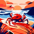 Seascape with red crab on the beach. Vector illustration. AI generated