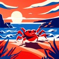 Seascape with a red crab on the beach. Vector illustration. Generative AI