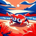 Seascape with red crab on the beach. Vector illustration. Generative AI