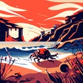 Seascape with red crab on the seashore. Vector illustration generative AI