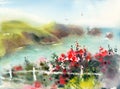 Seascape with Red Flowers Watercolor Nature Illustration Hand Painted