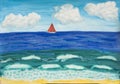 Seascape with red sail watercolor painting