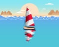 Seascape, red and white sailboat, yacht against the backdrop of the sea and mountains. Summer illustration Royalty Free Stock Photo