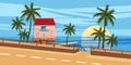 Seascape, road, house, palm trees, tropical, vacation, cartoon style, vector illustration