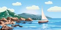 Seascape, rocks, cliffs, a yacht under sail, ocean, surf, Cartoon style, vector illustration