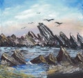 Seascape with rocks painted with acrylics