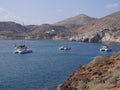 Seascape with sailboat, catamarans, sailing yachts near Red Beach. Santorini, Greece.