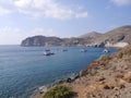 Seascape with sailboat, catamarans, sailing yachts near Red Beach. Santorini, Greece.