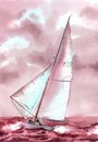 Purple watercolor Boat at the sea.  hand drawn illustration Royalty Free Stock Photo