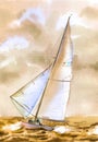 Golden Boat at the sea. Watercolor hand drawn illustration Seascape with sailboat.