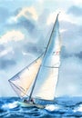 Boat at the sea. Watercolor hand drawn illustration Seascape with sailboat.