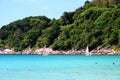 seascape of sailboats and people swimming at phuket le meridian in Thailand.