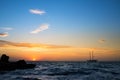 Seascape with sailing boat on sunrise in Majorca Royalty Free Stock Photo