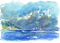 Seascape with sailing yachts in watercolor style