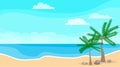 Seascape. Sea, clouds, beach and palm trees. Sea landscape with palm trees and blue sea. Vector, cartoon illustration. Royalty Free Stock Photo