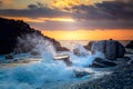 Seascape. Sea Ocean Wave hit the rock at beach, sea water splash up to the sky with sun. Sunset Sundown at Sea. Storm. Seascape Royalty Free Stock Photo