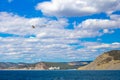 Seascape. Seagulls are flying over the sea. Reserve Bolshoi Utrish.