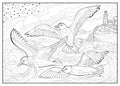 Seascape with seagulls flying between the waves. Coloring book for children and adults. Image in zentangle style. Printable page