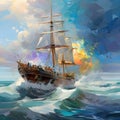 Seascape, ship on the high seas, storm, high waves.