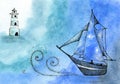 Seascape with a ship, waves and night sky. Watercolor and graphics. For the design of the background, template