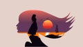 Seascape in silhouette - woman face profile, double exposure - sea, sunset, sailboat