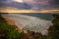 Seascape. Spectacular view from Balangan cliff in Bali. Sunset time. Blue hour. Ocean with motion foam waves. Waterscape for Royalty Free Stock Photo