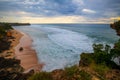 Seascape. Spectacular view from Balangan cliff in Bali. Sunset time. Blue hour. Ocean with motion foam waves. Waterscape for Royalty Free Stock Photo