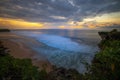 Seascape. Spectacular view from Balangan cliff in Bali. Sunset time. Blue hour. Ocean with motion foam waves. Waterscape for Royalty Free Stock Photo