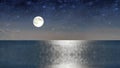Seascape at starry night sky and full moon  dramatic cloudy  sky  at sea on  blue water moonlight reflection  seascape blue foggy Royalty Free Stock Photo