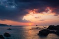 Seascape During Storm Clouds And Sunrise Or Sunset. Natural Seascape In The Thailand
