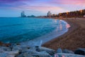 Seascape of summer Barceloneta beach at sunset, Spain Royalty Free Stock Photo