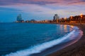 Seascape of summer Barceloneta beach at sunset, Spain Royalty Free Stock Photo