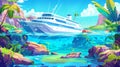 Seascape with sunken cruise ship in ocean harbor close to tropical island with lianas and trees. Cartoon illustration of Royalty Free Stock Photo