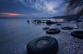 Seascape during sunset. Beautiful natural seascape, blue hour. Sea sunset at a lake coast near Varna, Bulgaria. Royalty Free Stock Photo