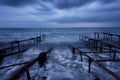 Seascape during sunset. Beautiful natural seascape, blue hour. Sea sunset at the Black Sea coast. Royalty Free Stock Photo