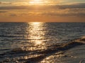 Seascape sunset over the sea. Soft sea ocean waves wash over the golden sandy beach. Sunset, sunrise, the sun is reflected in the Royalty Free Stock Photo