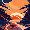 Seascape at sunset with red crab. Vector cartoon illustration. AI Generated