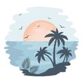 Seascape, sunset in the tropical sea with palm trees and seagulls on a watercolor background. Illustration Royalty Free Stock Photo