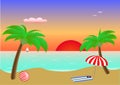 Seascape sunset, two palms and beach accessories on sand in the sea, postcard, horizontal