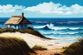 seascape with thatched house, beach and blue waves in the background Royalty Free Stock Photo