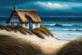 seascape with thatched house, beach and blue waves in the background Royalty Free Stock Photo