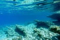 Seascape - transparent and purest blue water of the Aegean Sea. Underwater photography, selective focus. Royalty Free Stock Photo