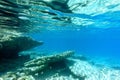 Seascape - transparent and purest blue water of the Aegean Sea. Underwater photography, selective focus. Royalty Free Stock Photo