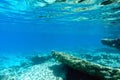 Seascape - transparent and purest blue water of the Aegean Sea. Underwater photography, selective focus. Royalty Free Stock Photo