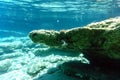 Seascape - transparent and purest blue water of the Aegean Sea. Underwater photography, selective focus. Royalty Free Stock Photo